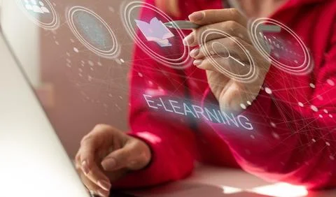 E-learning education concept, learning online with webinar, video tutorial Stock Photos