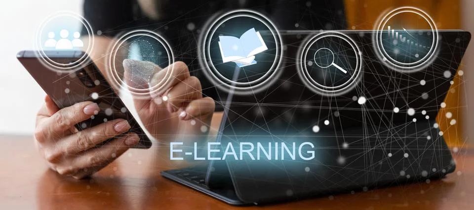 E-learning education concept, learning online with webinar, video tutorial Stock Photos