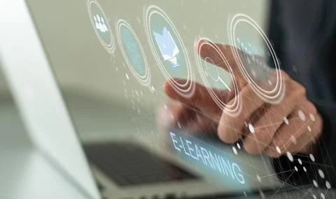 E-learning education concept, learning online with webinar, video tutorial Stock Photos