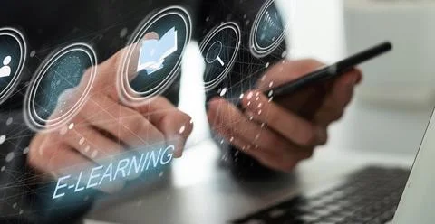 E-learning education concept, learning online with webinar, video tutorial Stock Photos