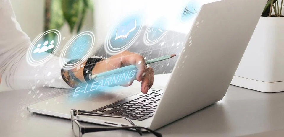 E-learning education concept, learning online with webinar, video tutorial Stock Photos