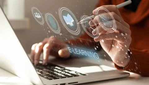 E-learning education concept, learning online with webinar, video tutorial Stock Photos