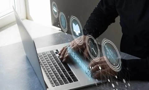 E-learning education concept, learning online with webinar, video tutorial Stock Photos