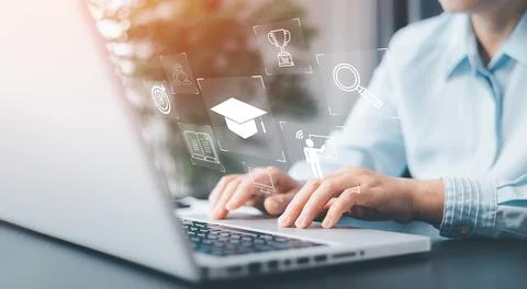 E-learning education concept, learning online with webinar, video tutorial,.. Stock Photos