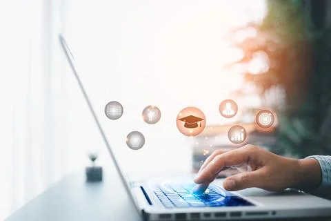 E-learning education concept, learning online with webinar, video tutorial,.. Stock Photos