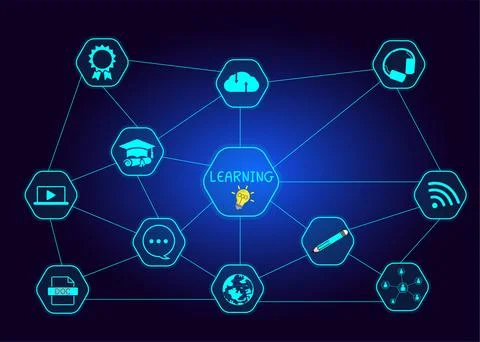 E-learning education concept online learning with webinars, video tutorials.. Illustrazione stock