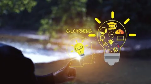 E-learning education concept online learning with webinars, video tutorials.. Stock Photos