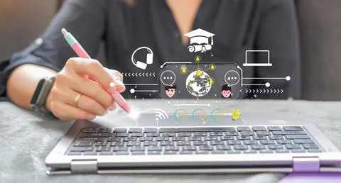 E-learning education concept online learning with webinars, video tutorials.. Stock Photos