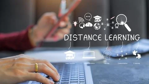 E-learning education concept online learning with webinars, video tutorials.. Stock Photos