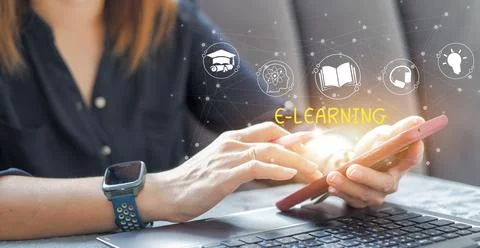 E-learning education concept online learning with webinars, video tutorials.. Stock Photos