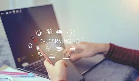 E-learning education concept online learning with webinars, video tutorials.. Stock Photos