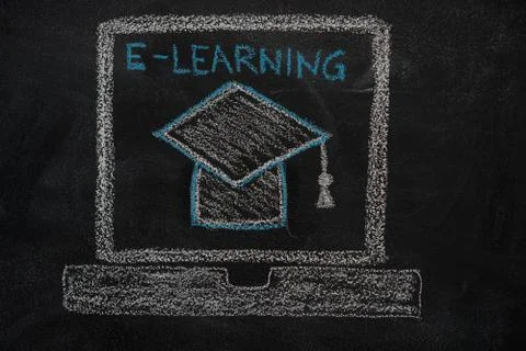 E-learning education icon on black chalkboard Stock Photos