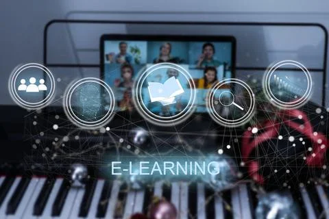 E-learning education, internet lessons and online webinar. Person who attends Stock Photos