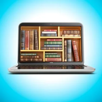 E-learning education internet library or book store. Laptop and vintage books Illustration