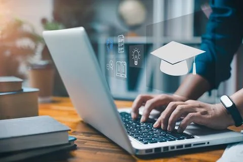 E-learning education, lessons and online webinar. digital training course f.. Stock Photos