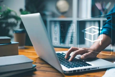 E-learning education, lessons and online webinar. digital training course f.. 스톡 사진