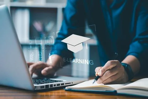 E-learning education, lessons and online webinar. digital training course f.. 스톡 사진