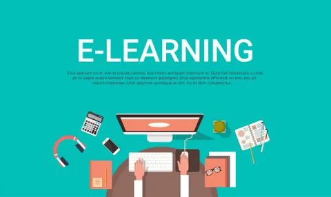 E-learning Education Online And University Banner With Student Desktop Computer Stockillustratie