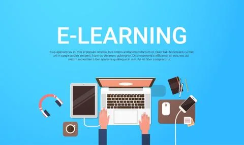 E-learning Education Online Banner With Student Laptop Computer Workplace Top Stock Illustration