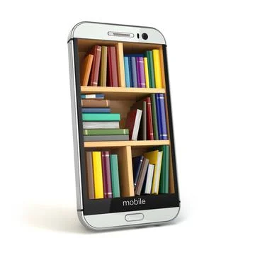 E-learning education or internet library concept. Smartphone and books. E-... 写真素材