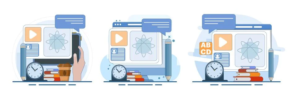 E-learning education set featuring online courses, virtual classroom. Stock Illustration