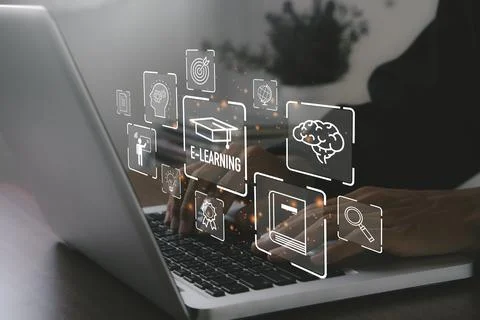 E-learning education.Technology, online course, internet concept.webinar on.. Stock Photos