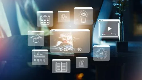E-learning environment with digital tools for studying and learning at home Stock Photos