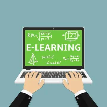 E-learning flat illustration of human hand using laptop for distance elearnin Illustrazione stock