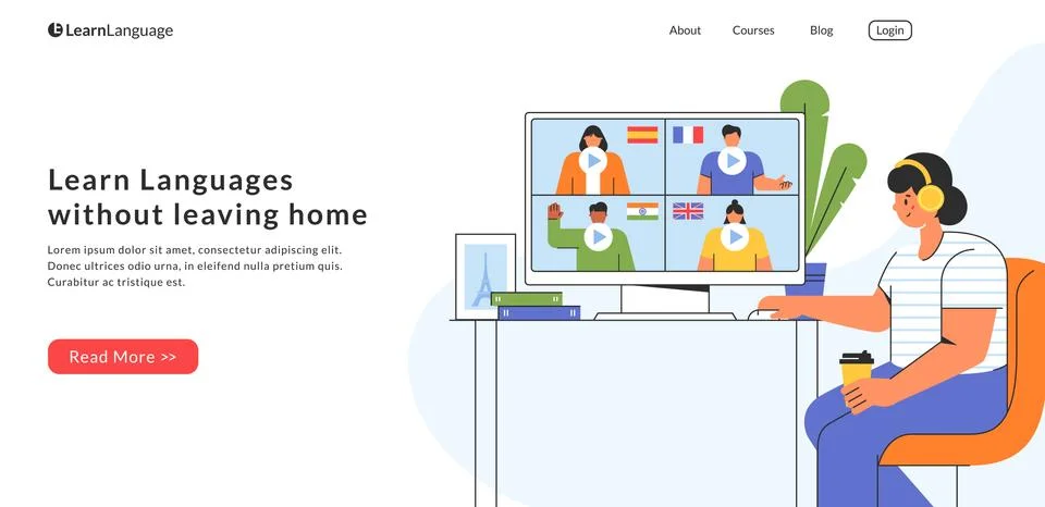 E-learning of the foreign language. Landing page design. Stock Illustration