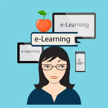 E-Learning with girl and computer screen Illustrazione stock