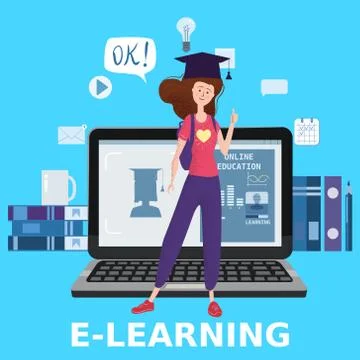 E-learning girl studying with computer and books, smile. The concept of online Stock Illustration