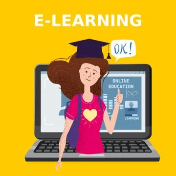 E-learning girl studying with computer and books, smile. The concept of online Stock Illustration