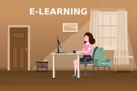 E-learning girl studying with computer and books, smile. The concept of online Stock Illustration