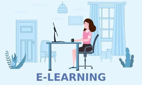 E-learning girl studying with computer and books, smile. The concept of online Stock Illustration