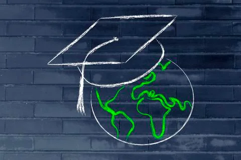 E-learning, global online courses and graduation cap Ilustración de archivo