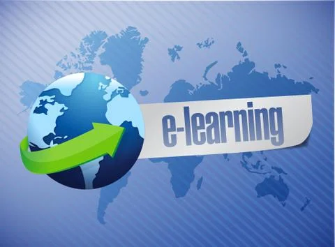 E learning globe concept illustration design over a world map background Stock Illustration