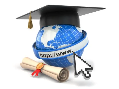 E-learning. globe, diploma and mortar board. Stock Illustration