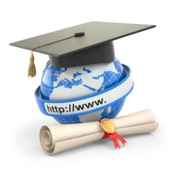 E-learning. globe, diploma and mortar board. Stock Illustration