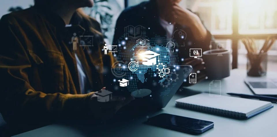 E-learning graduate certificate program concept. Man hands showing graduati.. Stock Photos