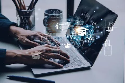 E-learning graduate certificate program concept. Man hands showing graduati.. Stock Photos