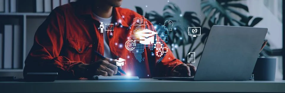 E-learning graduate certificate program concept. Man hands showing graduati.. Stock Photos