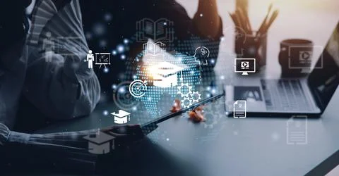 E-learning graduate certificate program concept. Man hands showing graduati.. Stock Photos