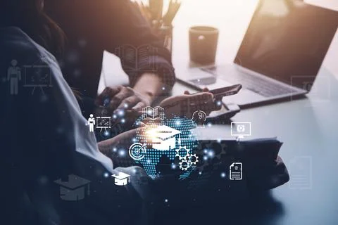 E-learning graduate certificate program concept. Man hands showing graduati.. Stock Photos