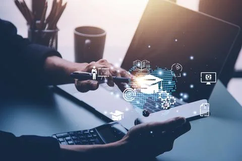 E-learning graduate certificate program concept. Man hands showing graduati.. Stock Photos