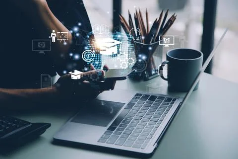 E-learning graduate certificate program concept. Man hands showing graduati.. Stock Photos