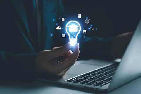 E-learning graduate certificate program concept. man holding lightbulb showin Stock Photos