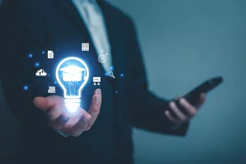 E-learning graduate certificate program concept. man holding lightbulb showin Stock Photos