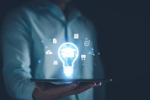 E-learning graduate certificate program concept. man holding lightbulb showin Stock Photos