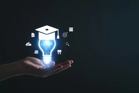 E-learning graduate certificate program concept. man holding lightbulb showin Stock Photos