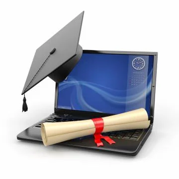 E-learning graduation. laptop, diploma and mortar board Illustrazione stock